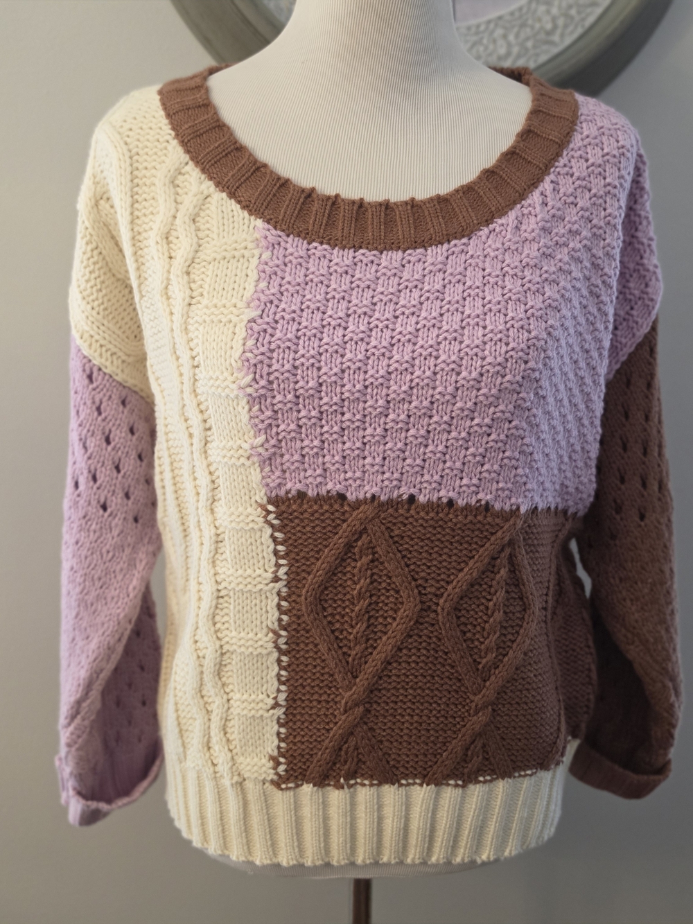 entro Oversized Colorblock Cable Knit Sweater in Cream, Lilac & Brown